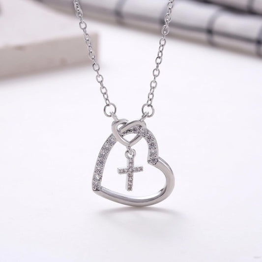 Kvekstio Christian Gift Heart Cross Necklace with Prayer Blessing Card for Teens Women, First Communion V1258-DP02-B-1097