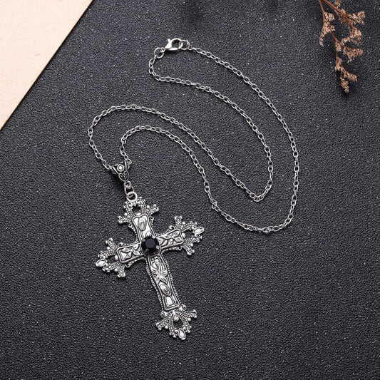 Kvekstio Vintage Gothic Cross Necklace for Women Men - Large Antique Silver Crucifix Pendant with Black V1258-DP02-B-1098