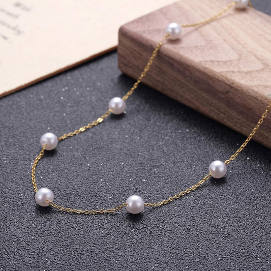 Gold-Plated Floating Pearl Necklace for Women - Minimalist Imitation White Pearls Chain, Station Pearl V1258-DP02-B-1101