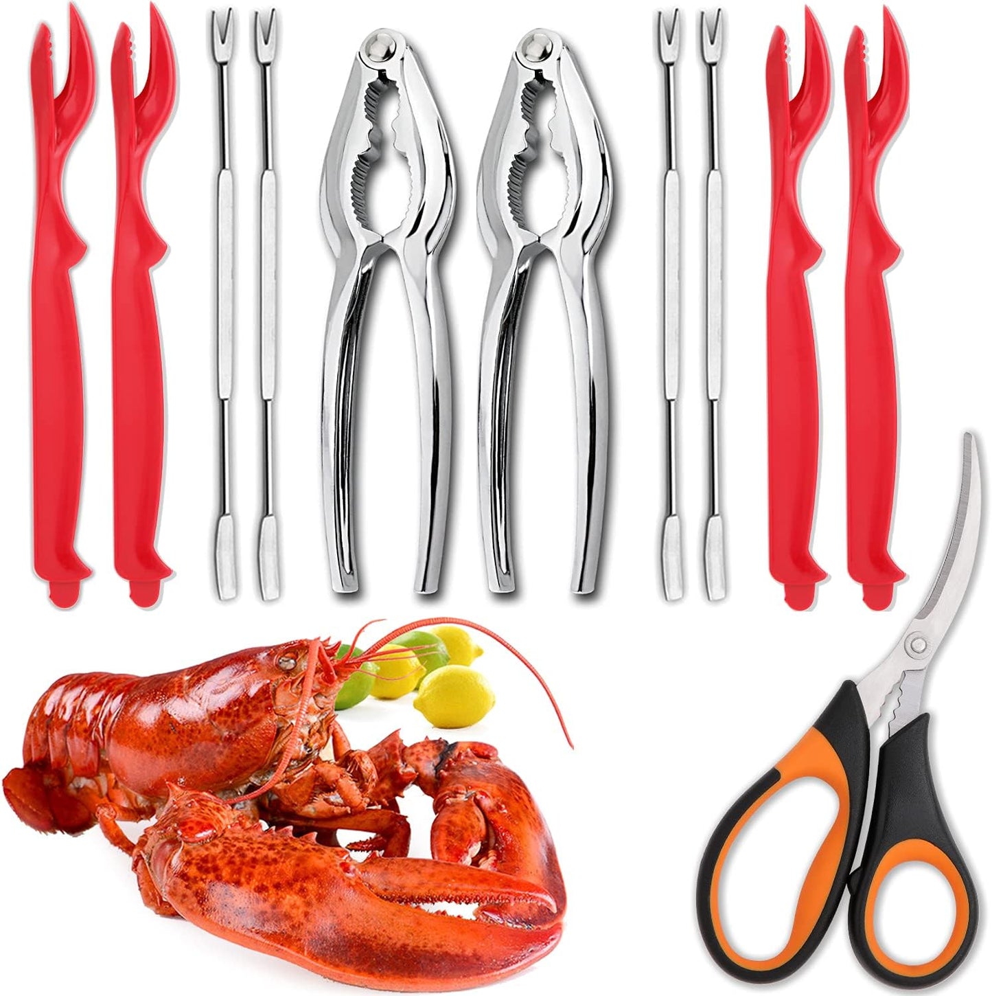 4-Person Seafood Tools Set includes 2 Crab Crackers, 4 Lobster Shellers, 4 Crab Leg Forks/Picks and 1 Seafood V1258-DP02-B-111