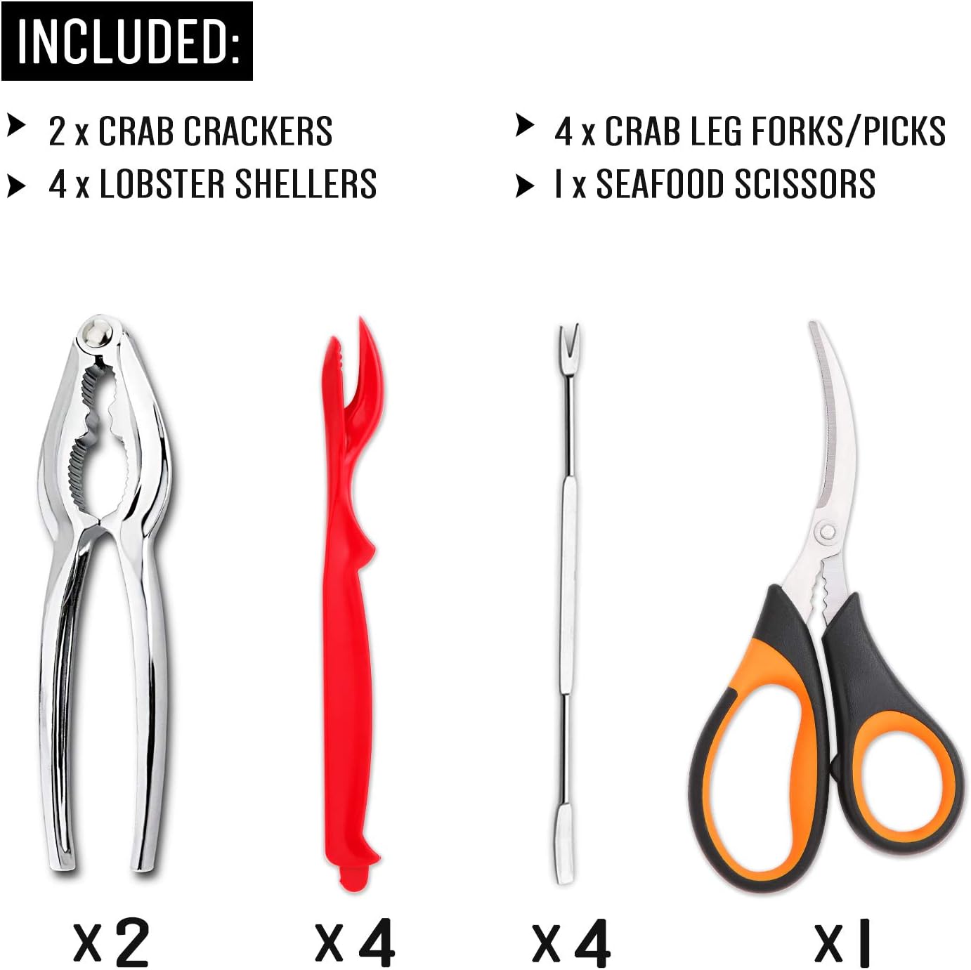 4-Person Seafood Tools Set includes 2 Crab Crackers, 4 Lobster Shellers, 4 Crab Leg Forks/Picks and 1 Seafood V1258-DP02-B-111
