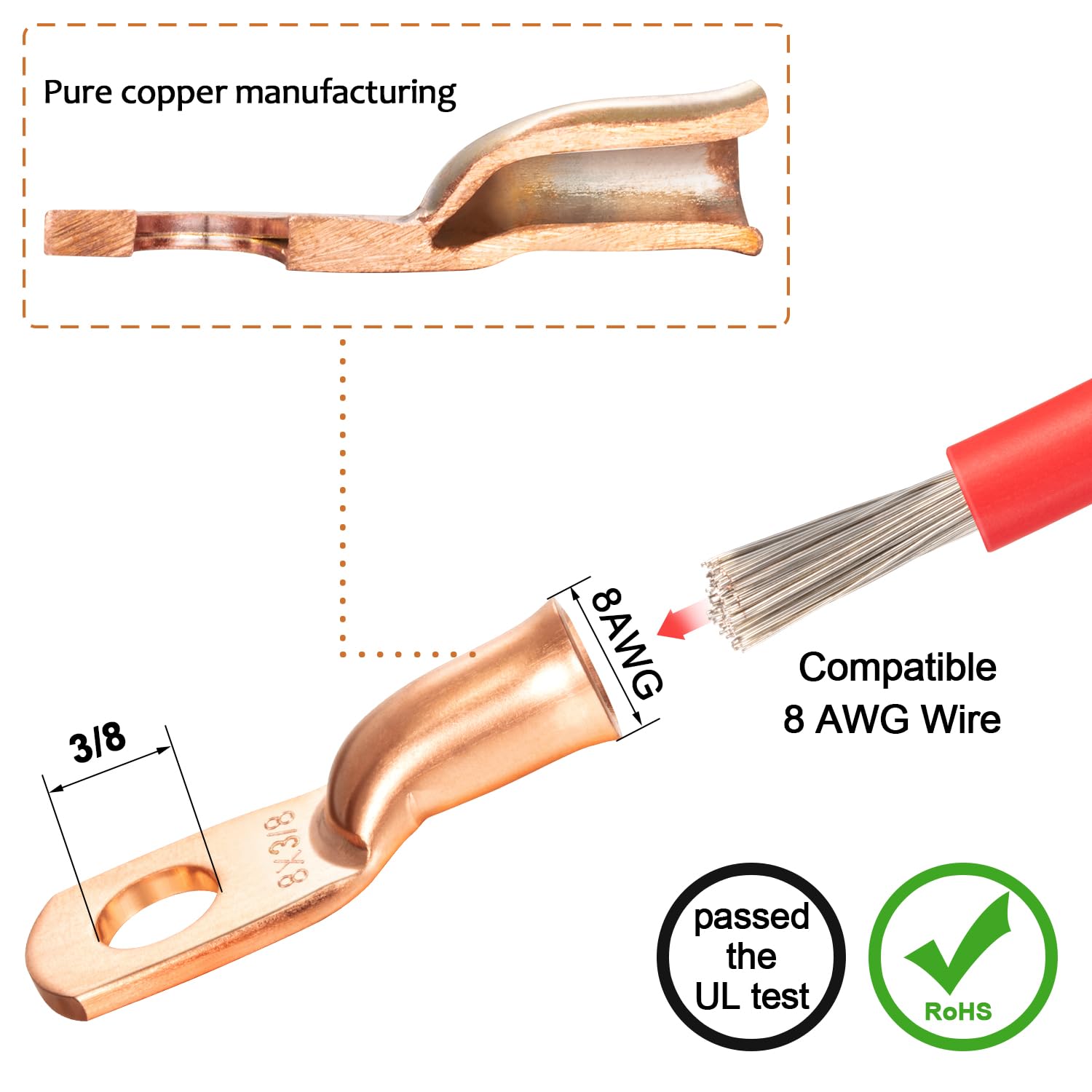 Maxdot 10 Pack UL Test Wire Lugs 8 Gauge Stud Ring Terminals Heavy Duty Copper Crimp Lugs Welding Cable Bare V1258-DP02-B-1117
