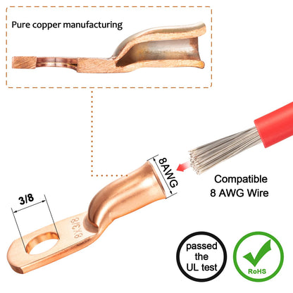 Maxdot 10 Pack UL Test Wire Lugs 8 Gauge Stud Ring Terminals Heavy Duty Copper Crimp Lugs Welding Cable Bare V1258-DP02-B-1117