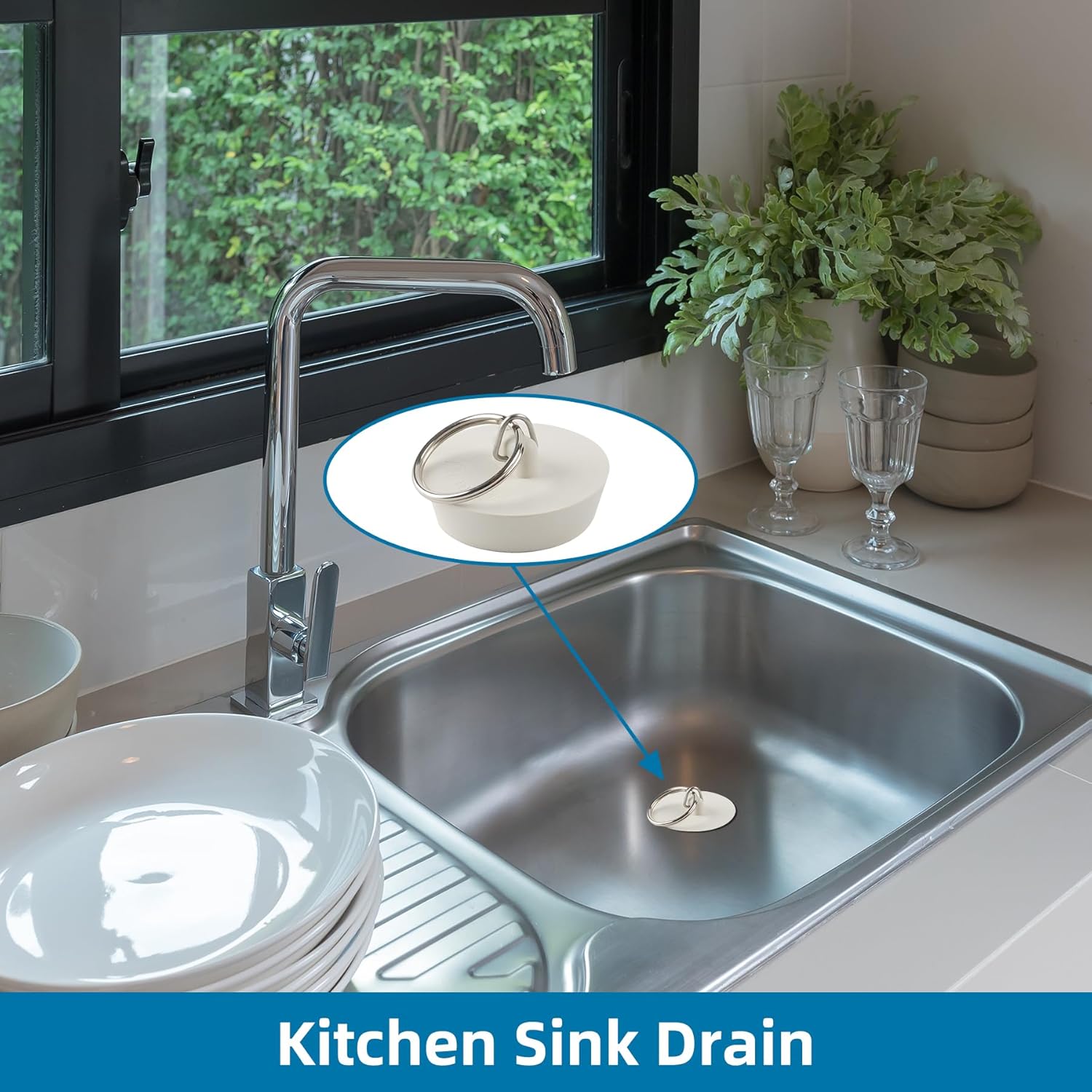 6 Pieces Drain Stopper, Rubber Kitchen Sink Drain, Sink Stopper Drain Plug with Pull Ring for Kitchen, V1258-DP02-B-1155