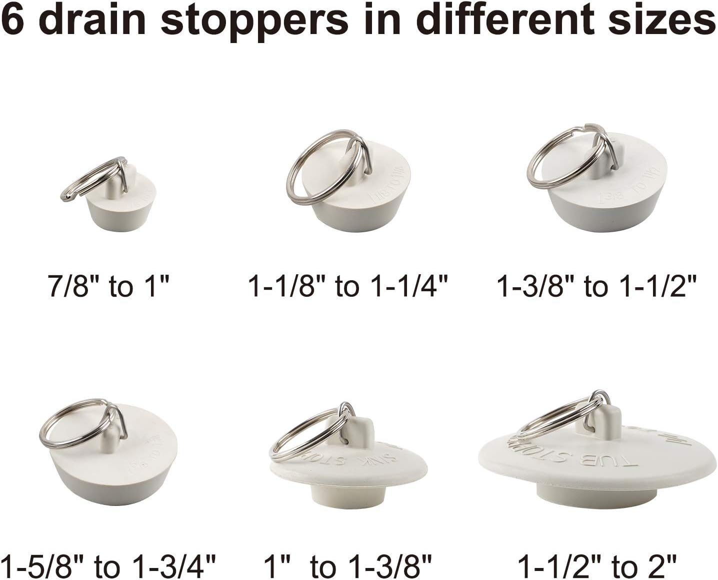 6 Pieces Drain Stopper, Rubber Kitchen Sink Drain, Sink Stopper Drain Plug with Pull Ring for Kitchen, V1258-DP02-B-1155