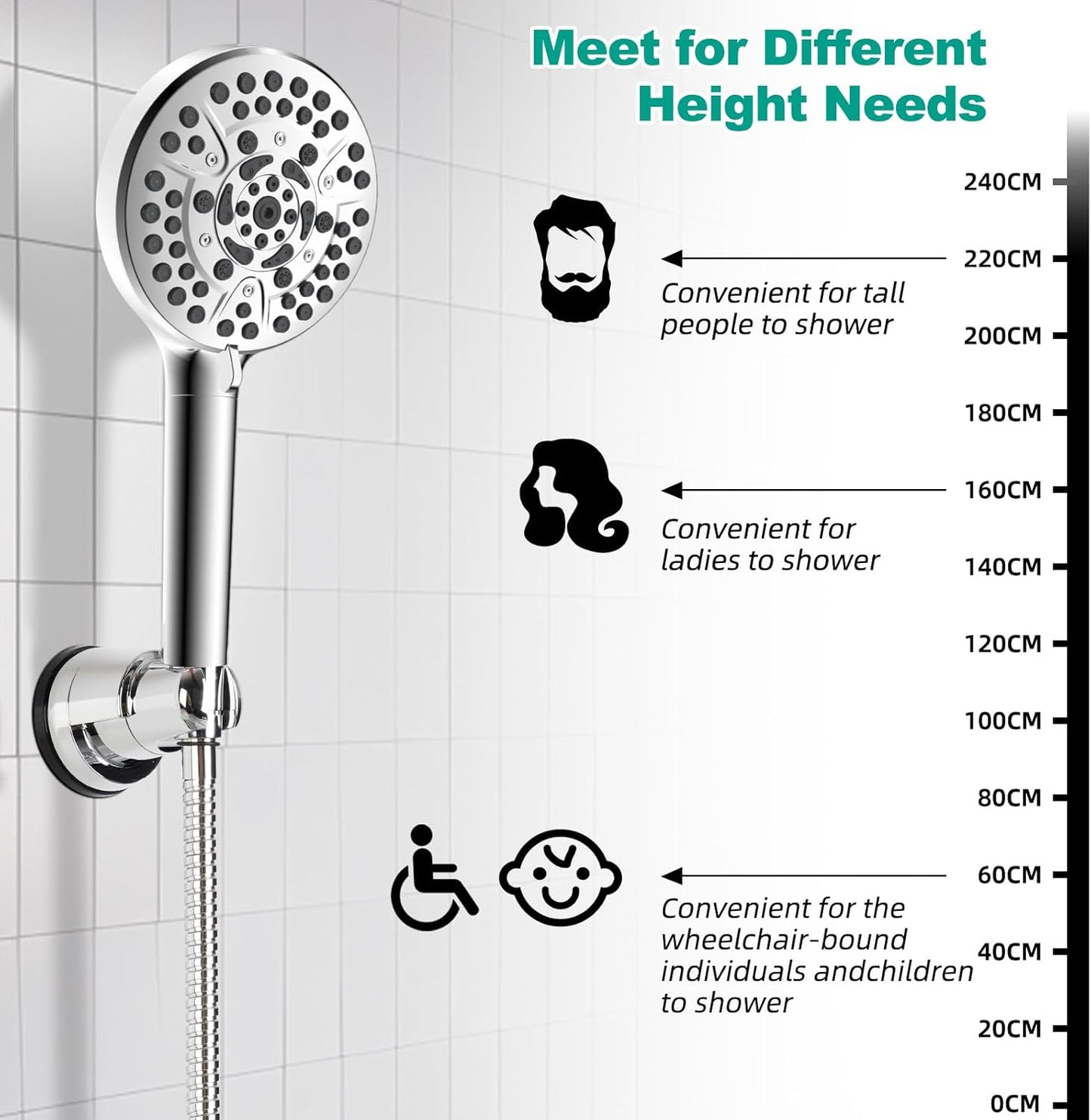 Vacuum Suction Cup Shower Head Holder, Removable Shower Wand Bracket, Adjustable Height & Wall Mount ABS V1258-DP02-B-1166