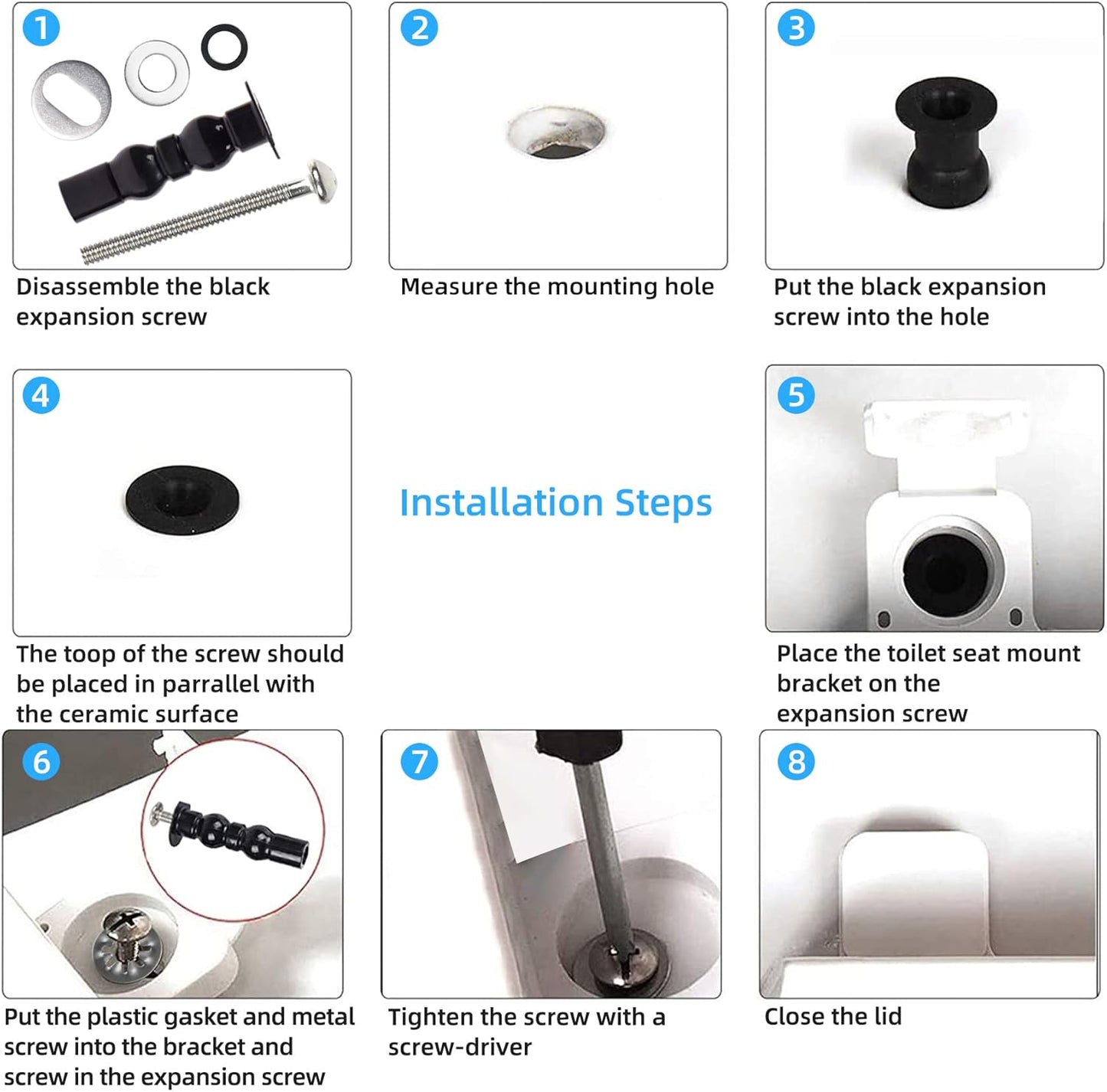 6 Pack Universal Toilet Seat Hinges Screw - Blind Hole Fixings Expanding Rubber Top Fix Nuts for Top Mounting V1258-DP02-B-1174