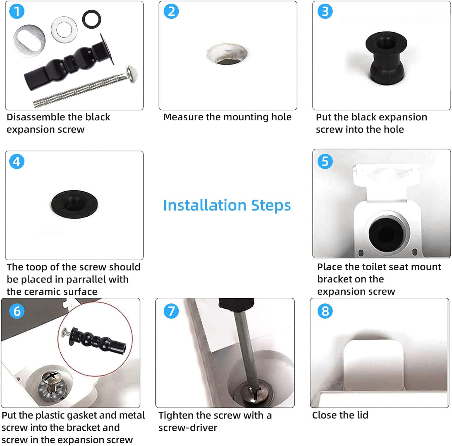 6 Pack Universal Toilet Seat Hinges Screw - Blind Hole Fixings Expanding Rubber Top Fix Nuts for Top Mounting V1258-DP02-B-1174