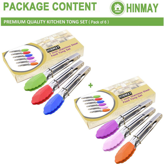 Small Tongs with Silicone Tips 7-Inch Mini Serving Tongs, Set of 6 (Green Red Blue Purple Pink Orange) V1258-DP02-B-1182