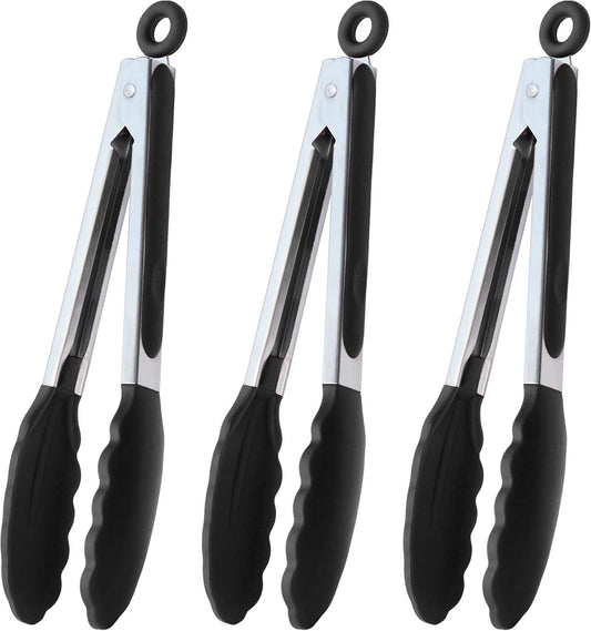 Serving Tongs 9-Inch Cooking Tongs with Silicone Tips, Set of 3 (Black) V1258-DP02-B-1184