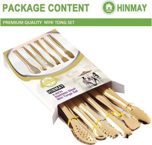 Gold Plated Mini Serving Tongs Set 6-Inch Appetizers Tongs Stainless Steel Small Sugar Cube Tongs Ice Tongs, V1258-DP02-B-1185