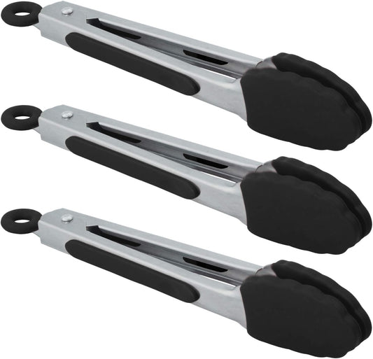 Small Serving Tongs with Silicone Tips 7 Inch Mini Stainless Steel Food Tongs, Set of 3 (Black) V1258-DP02-B-1196
