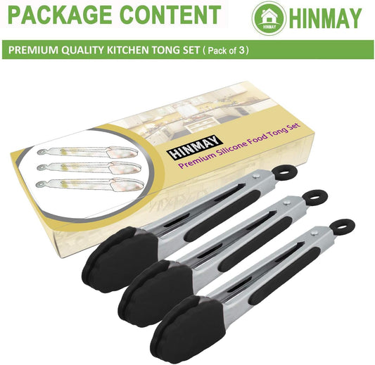 Small Serving Tongs with Silicone Tips 7 Inch Mini Stainless Steel Food Tongs, Set of 3 (Black) V1258-DP02-B-1196