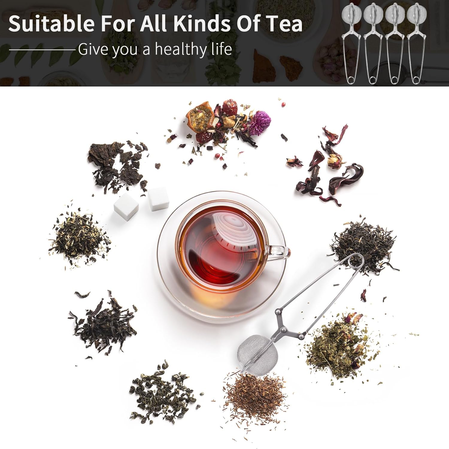 Tea Strainers for Loose Tea, 4 Pack Tea Infuser with Handle Fine Mesh Tea Ball Filter Tea Diffusers Steeper V1258-DP02-B-121