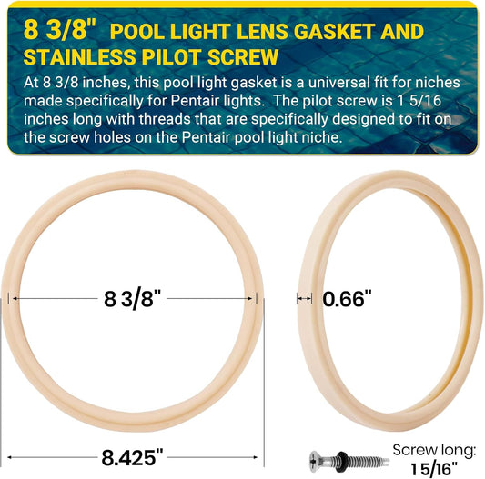 (1 Set) 8 3/8" Pool Light Lens Gasket and Stainless Pilot Screw - Exact Replacements for Pentair 79101600Z V1258-DP02-B-1219