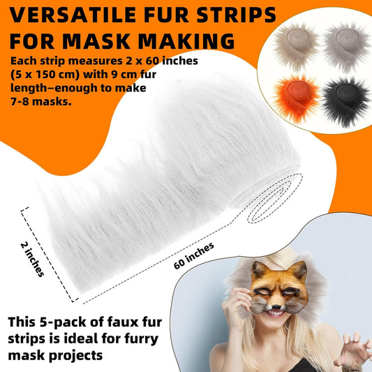 (5-Pack) Faux Fur Strips for Therian & Furry Mask Making - 2" x 60" Colored Dense Fur Fabric Rolls for V1258-DP02-B-1229