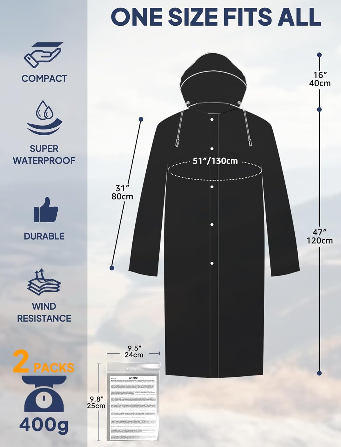2-Pack Rain Ponchos for Adults Reusable Raincoats with Hooded and Drawstring Emergency for Men Women V1258-DP02-B-1230