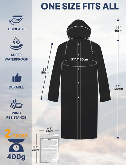 2-Pack Rain Ponchos for Adults Reusable Raincoats with Hooded and Drawstring Emergency for Men Women V1258-DP02-B-1230