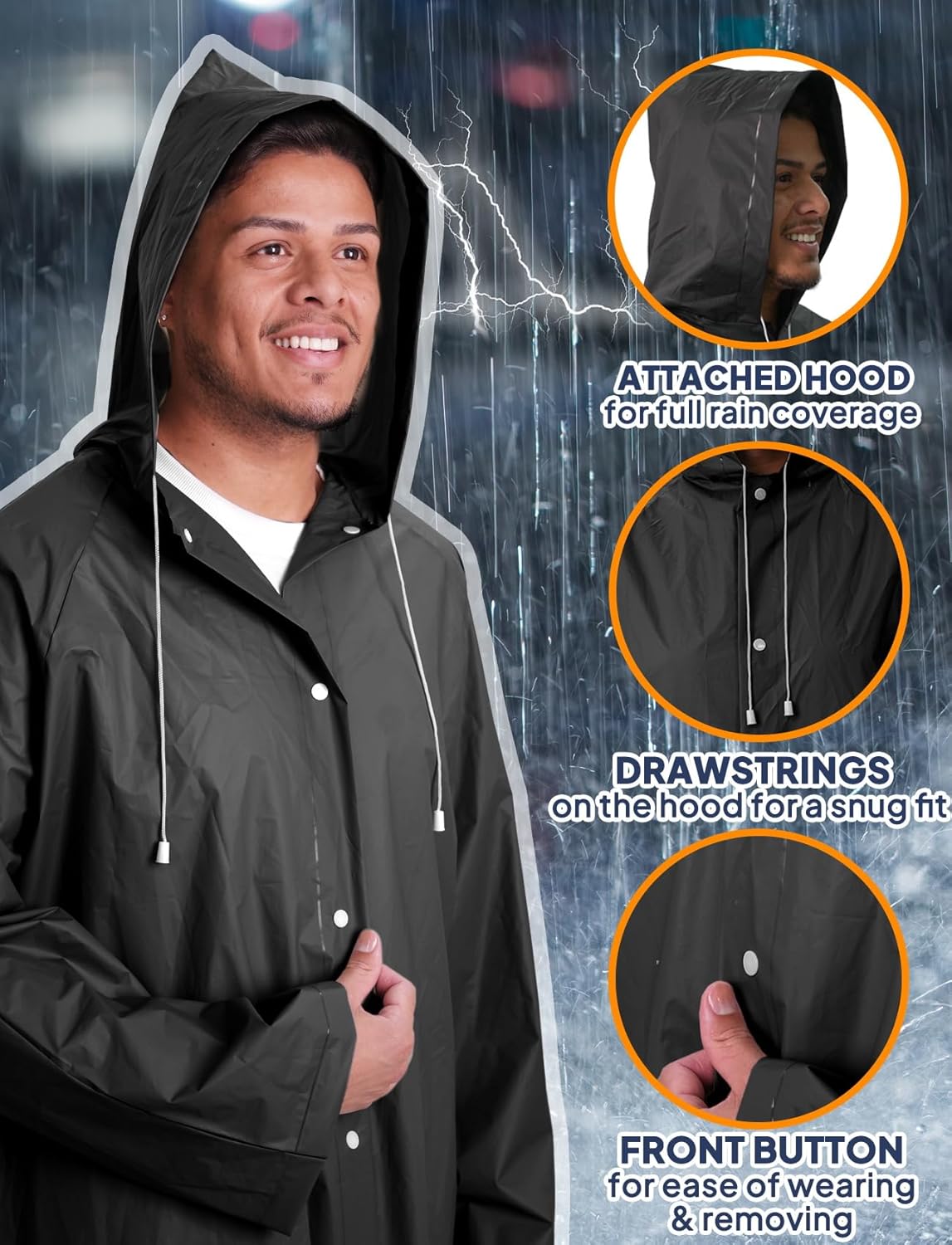 2-Pack Rain Ponchos for Adults Reusable Raincoats with Hooded and Drawstring Emergency for Men Women V1258-DP02-B-1230
