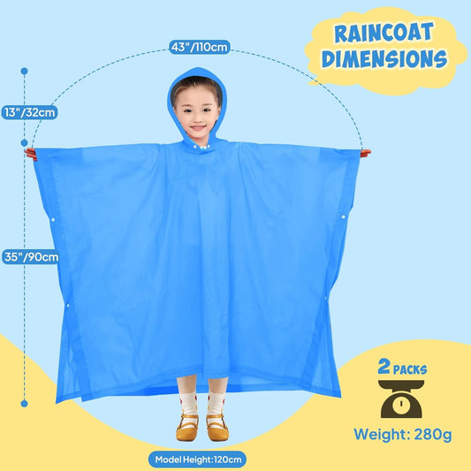 2 Pack Raincoats for Kids Emergency Ponchos Reusable Rain Poncho with Hood Waterproof Rain Coats for Boys and V1258-DP02-B-1231