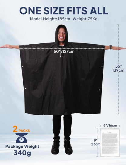 Rain Ponchos for Adult Emergency Raincoats Reusable Hooded Rain Jackets for Men Women(2 pack) V1258-DP02-B-1232