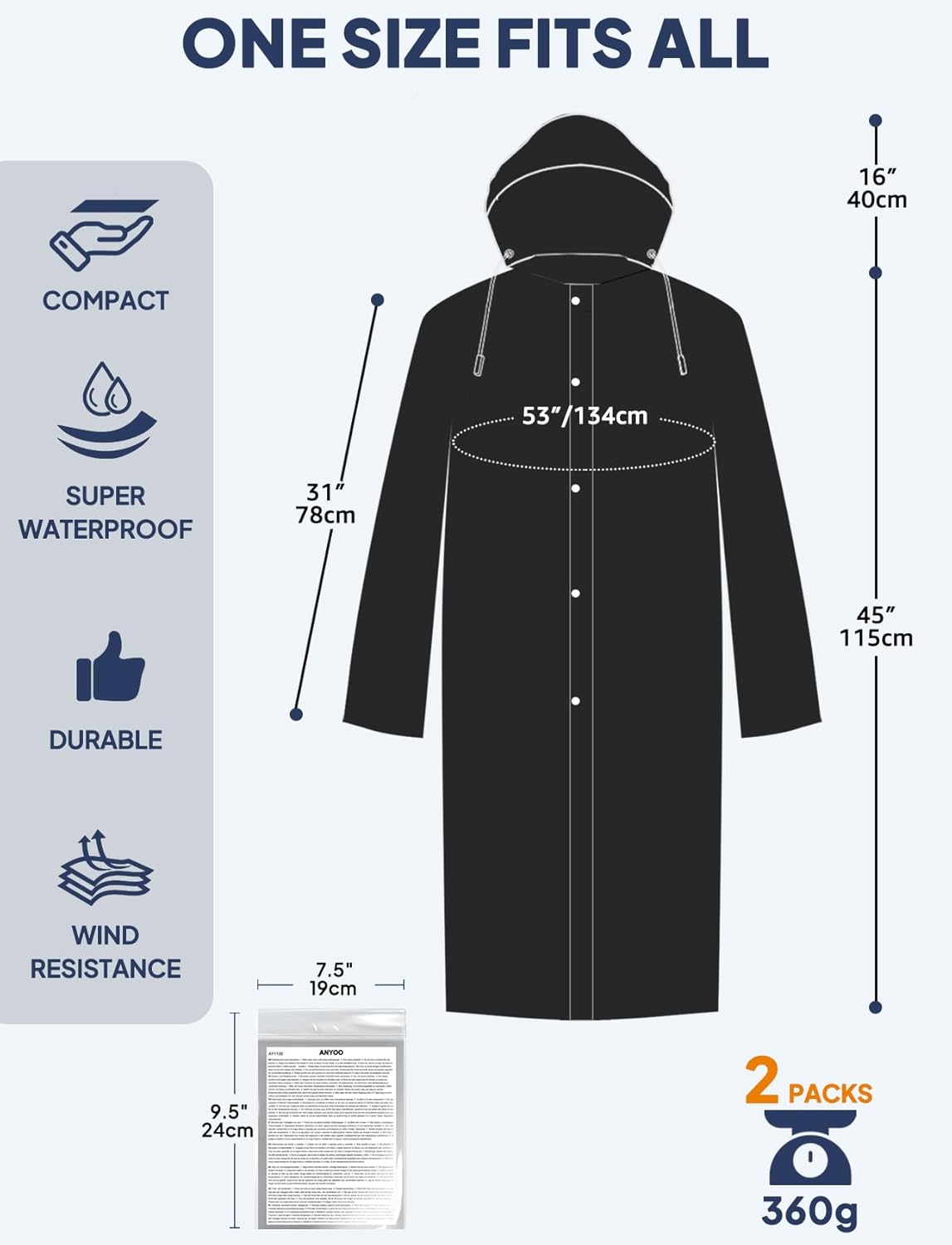 Rain Ponchos for Adults Lightweight Reusable Raincoats for Men Women Emergency Rain Jacket with Hood 2 Pack V1258-DP02-B-1234