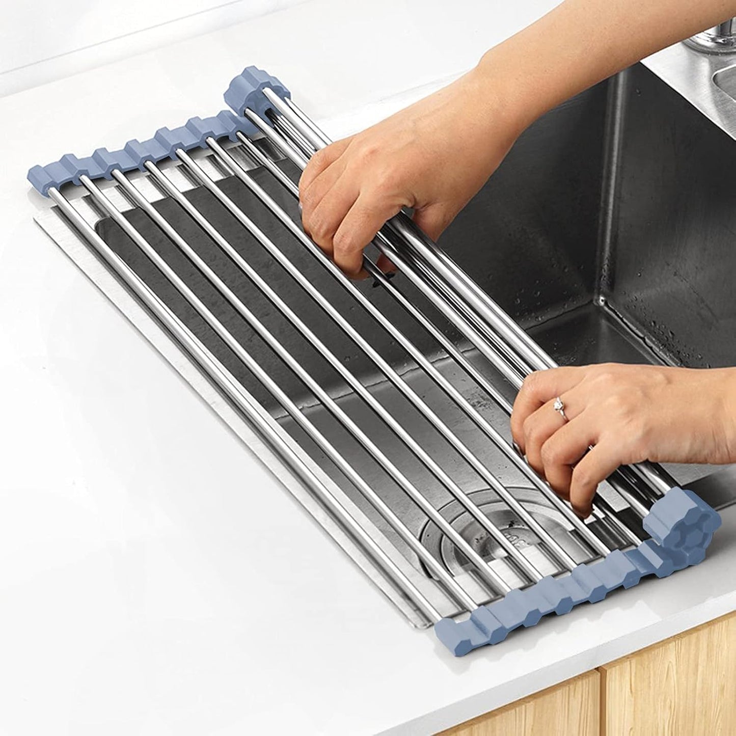 Over The Sink Dish Drying Rack, Roll Up Dish Drying Rack Kitchen Dish Rack Stainless Steel Sink Drying Rack, V1258-DP02-B-1241