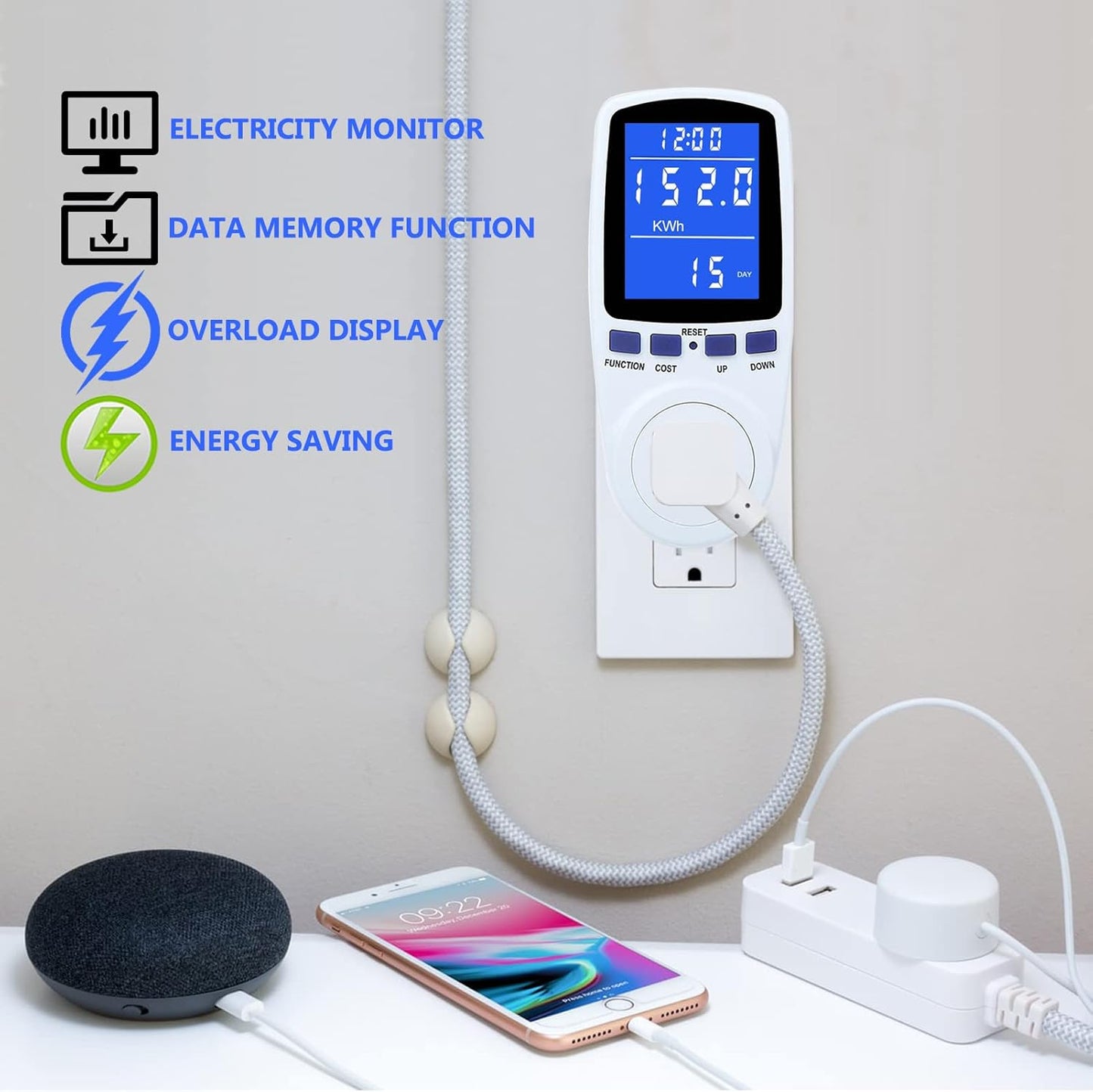 Upgraded Watt Power Meter Plug Home Electrical Usage Monitor Consumption, Energy Voltage Amps Kill Tester V1258-DP02-B-1242