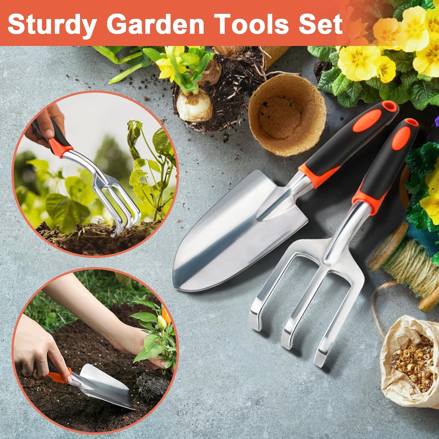 Garden Tool Set, 2 Pack Heavy Duty Gardening Tools Set Include Garden Shovel and Hand Rake Claw Tool with V1258-DP02-B-1249