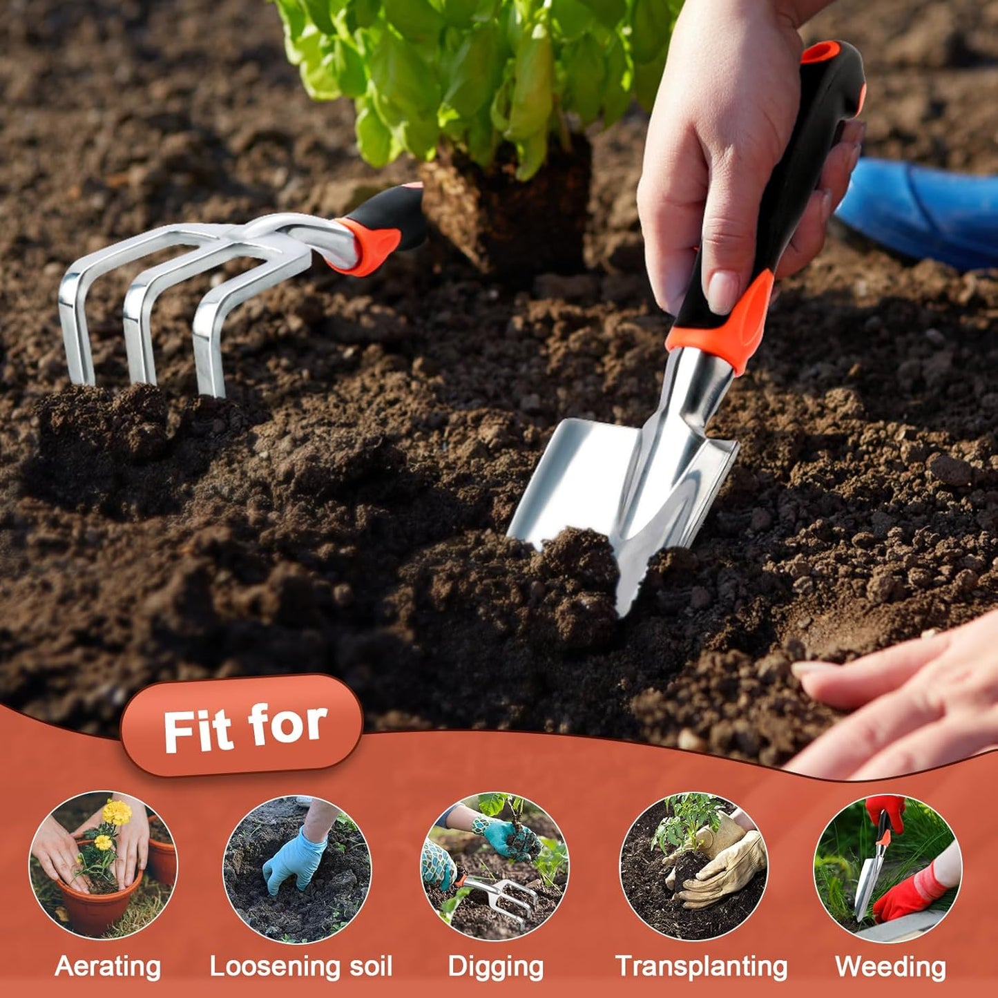 Garden Tool Set, 2 Pack Heavy Duty Gardening Tools Set Include Garden Shovel and Hand Rake Claw Tool with V1258-DP02-B-1249