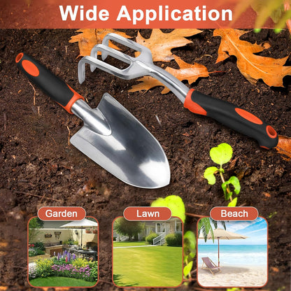 Garden Tool Set, 2 Pack Heavy Duty Gardening Tools Set Include Garden Shovel and Hand Rake Claw Tool with V1258-DP02-B-1249