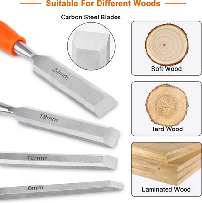 4 Piece Wood Chisel Sets Woodworking Tools Set, Wood Chisels for Woodworking with Steel Hammer End+ 4 Pack V1258-DP02-B-1264