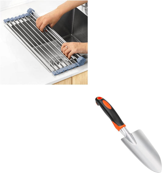 Garden Shovel Garden Hand Trowel, Heavy Duty Hand Shovel with Ergonomic Handle + Over The Sink Dish Drying V1258-DP02-B-1265