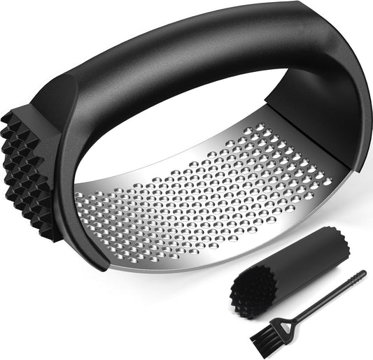 Garlic Press Rocker Set with Garlic Peeler & Cleaning Brush,Stainless Steel Garlic Mincer Crusher,Easy V1258-DP02-B-127