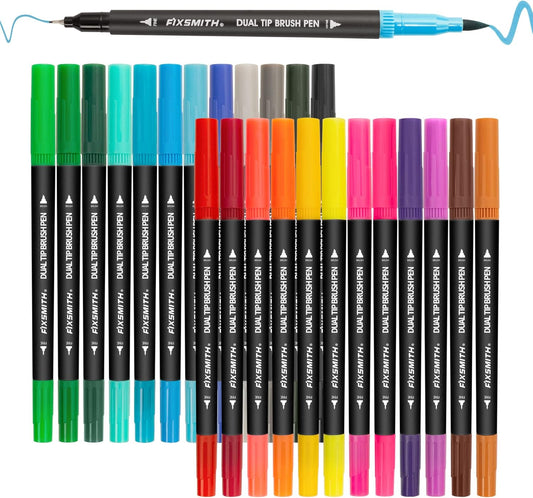 24 Brush Markers for Adult Coloring Books, Coloring Markers for Adults Lettering, Dual Tip Brush Pens School V1258-DP02-B-1277