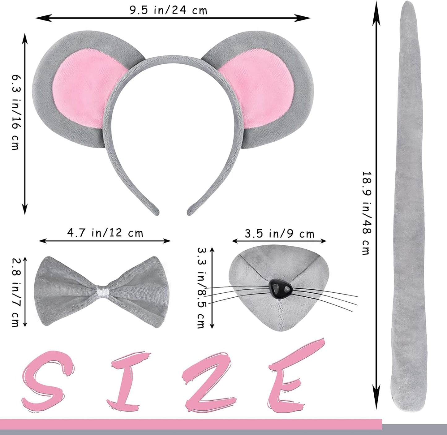Mouse Costume Accessory Set,Rat Costume Set,Mouse Costume Set Includes Ear Headband,Tail,Nose,Bow Tie for V1258-DP02-B-1283