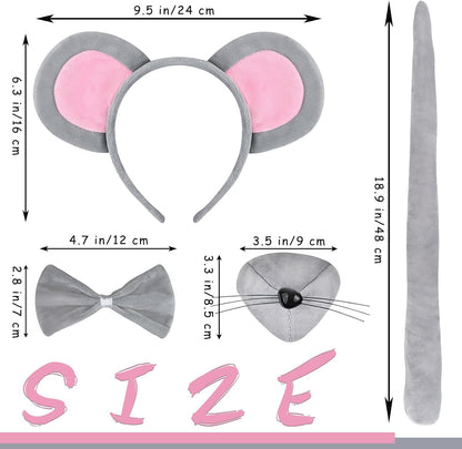 Mouse Costume Accessory Set,Rat Costume Set,Mouse Costume Set Includes Ear Headband,Tail,Nose,Bow Tie for V1258-DP02-B-1283