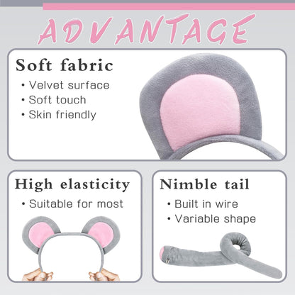 Mouse Costume Accessory Set,Rat Costume Set,Mouse Costume Set Includes Ear Headband,Tail,Nose,Bow Tie for V1258-DP02-B-1283