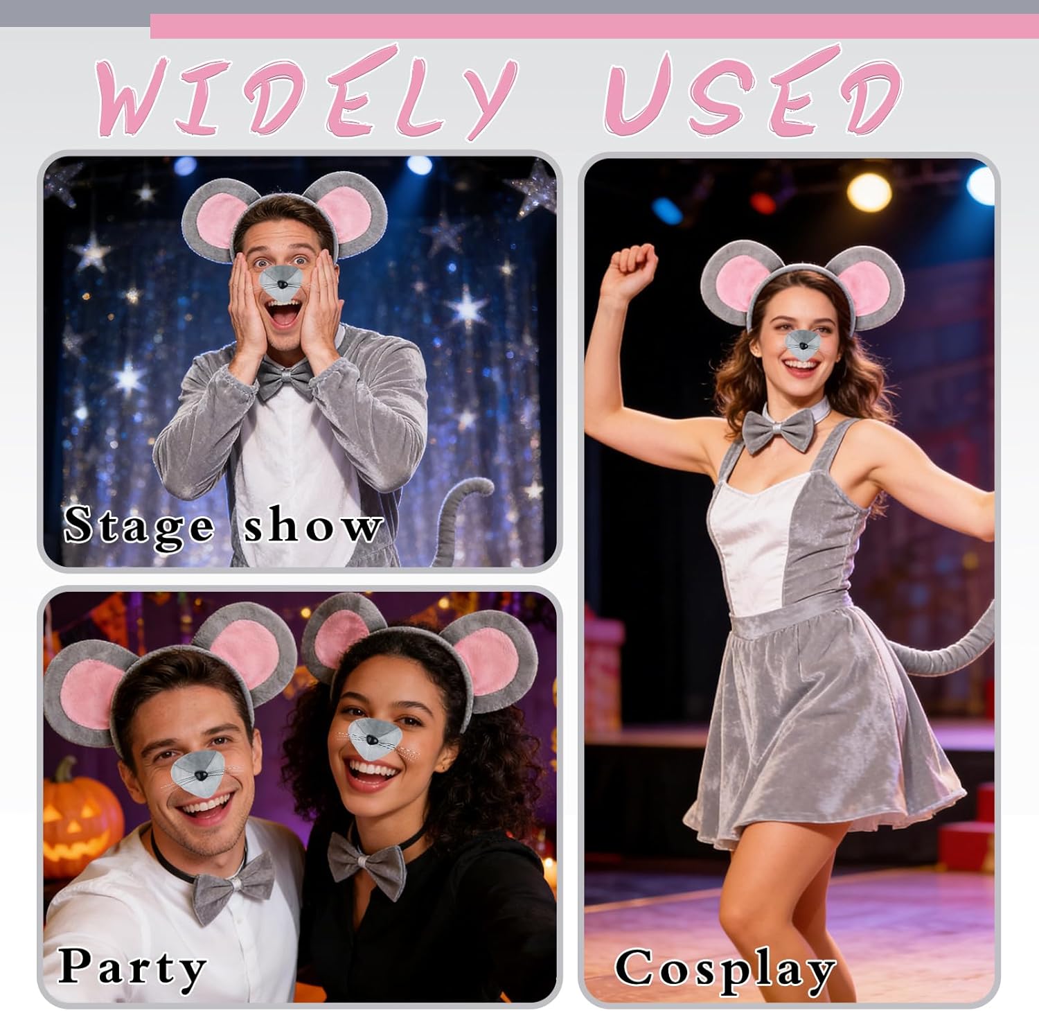 Mouse Costume Accessory Set,Rat Costume Set,Mouse Costume Set Includes Ear Headband,Tail,Nose,Bow Tie for V1258-DP02-B-1283