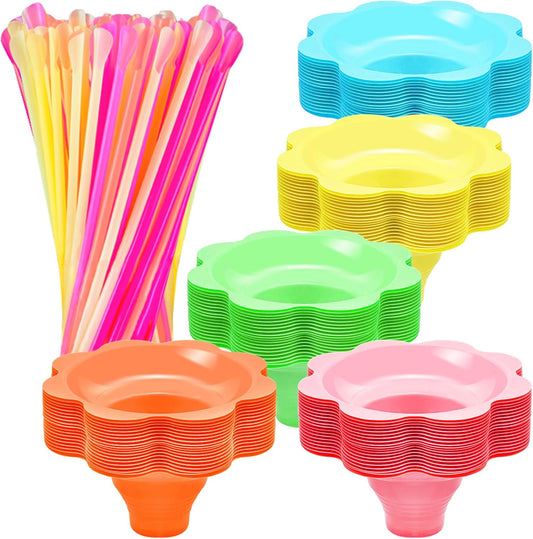 200 Pcs Colorful Snow Cone Cups with Spoon Straws,Flower Shaped Ice Cream Cup,Plastic Cone Snacks Cups for V1258-DP02-B-1289