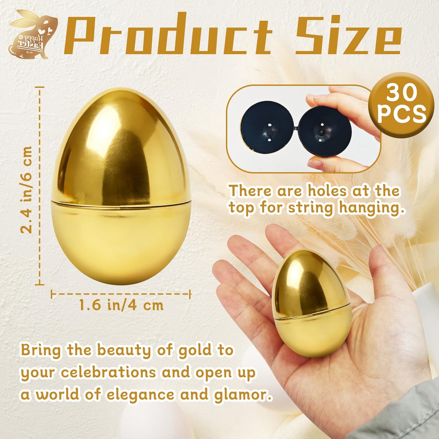 30 Pcs Gold Easter Eggs,2.3" Bulk Plastic Metallic Empty Easter Eggs,Fillable Shiny Golden Easter Egg for V1258-DP02-B-1293
