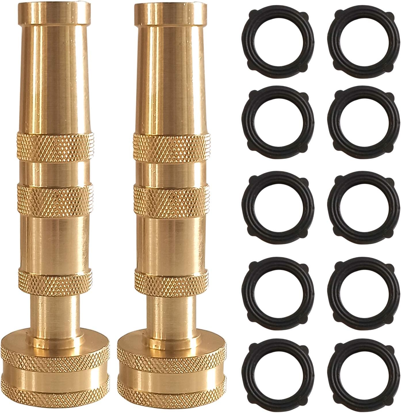 Adjustable Twist Hose Nozzle, 4" Heavy-Duty Brass Hose Nozzle with 10 Garden Hose Rubber Washers, 2 Pack V1258-DP02-B-130