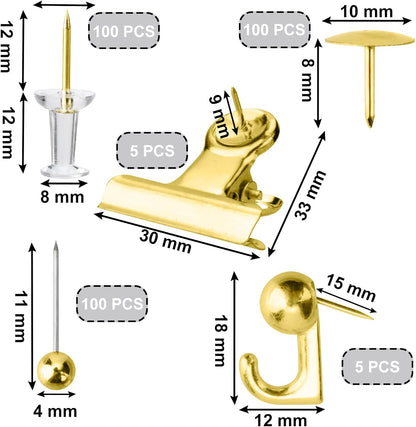 Gold Push Pin Kit 310 Pcs Decorative Thumb Tacks with Push Pin Hook Pushpin for Cork Board Bulletin Board V1258-DP02-B-1316