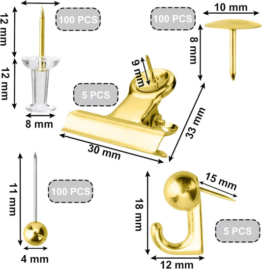 Gold Push Pin Kit 310 Pcs Decorative Thumb Tacks with Push Pin Hook Pushpin for Cork Board Bulletin Board V1258-DP02-B-1316
