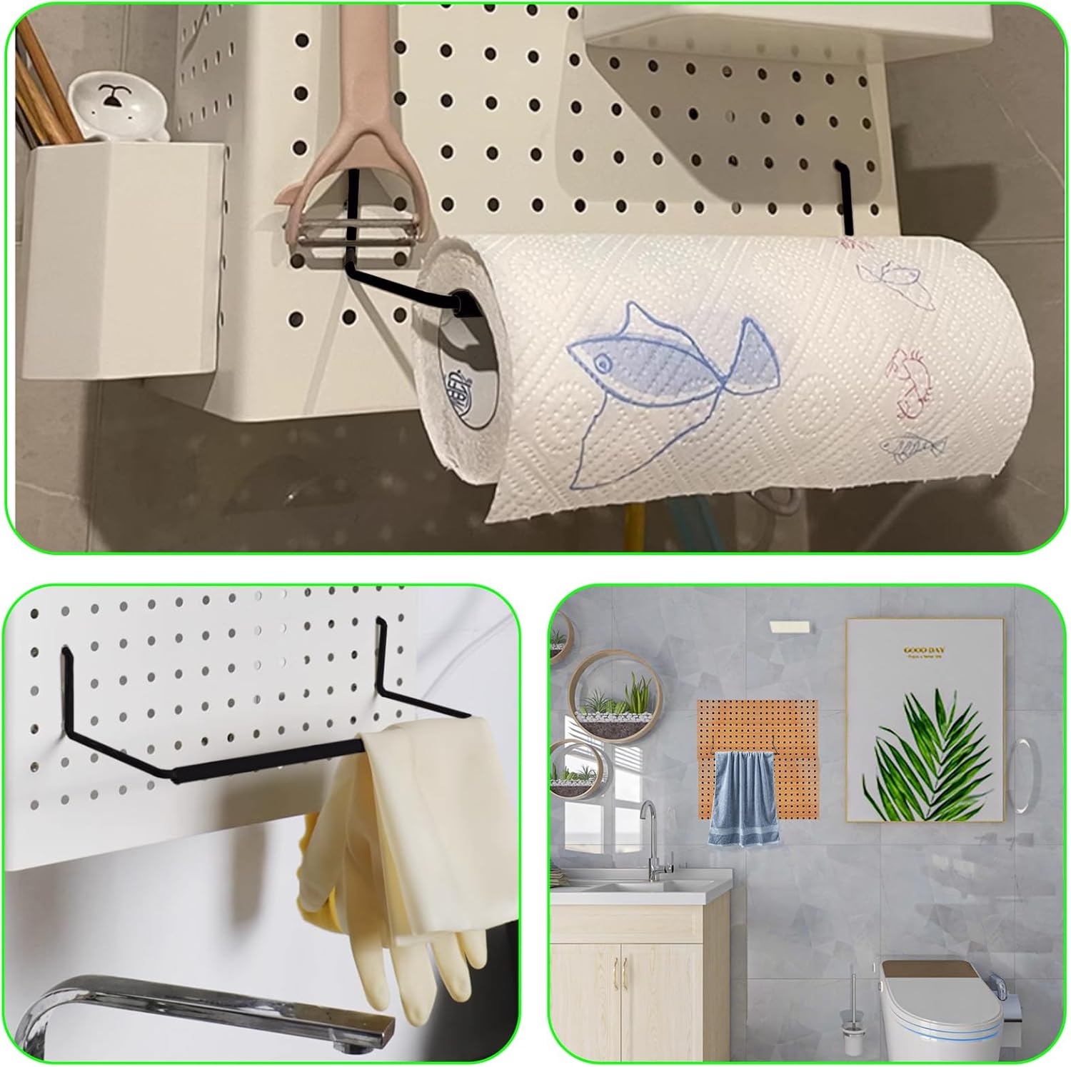 2 Pack Pegboard Towel Holder Pegboard Hooks for Paper Towels, Kitchen Towels, Stickers, Tapes Great Peg Board V1258-DP02-B-1317