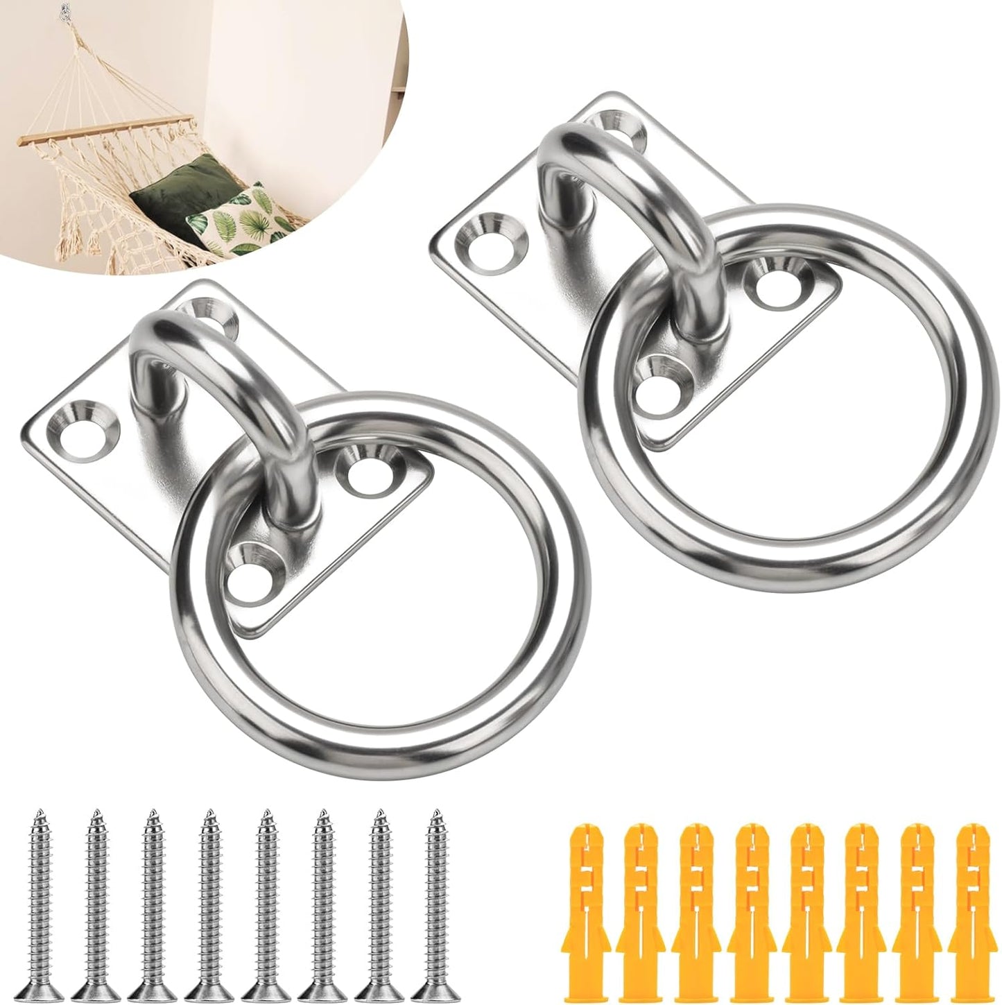 AccEncy 2Pcs M8 Stainless Steel Extra Large Heavy Duty Ring and Square Wall Mount Ceiling Indoor/Outdoor Hooks V1258-DP02-B-1326