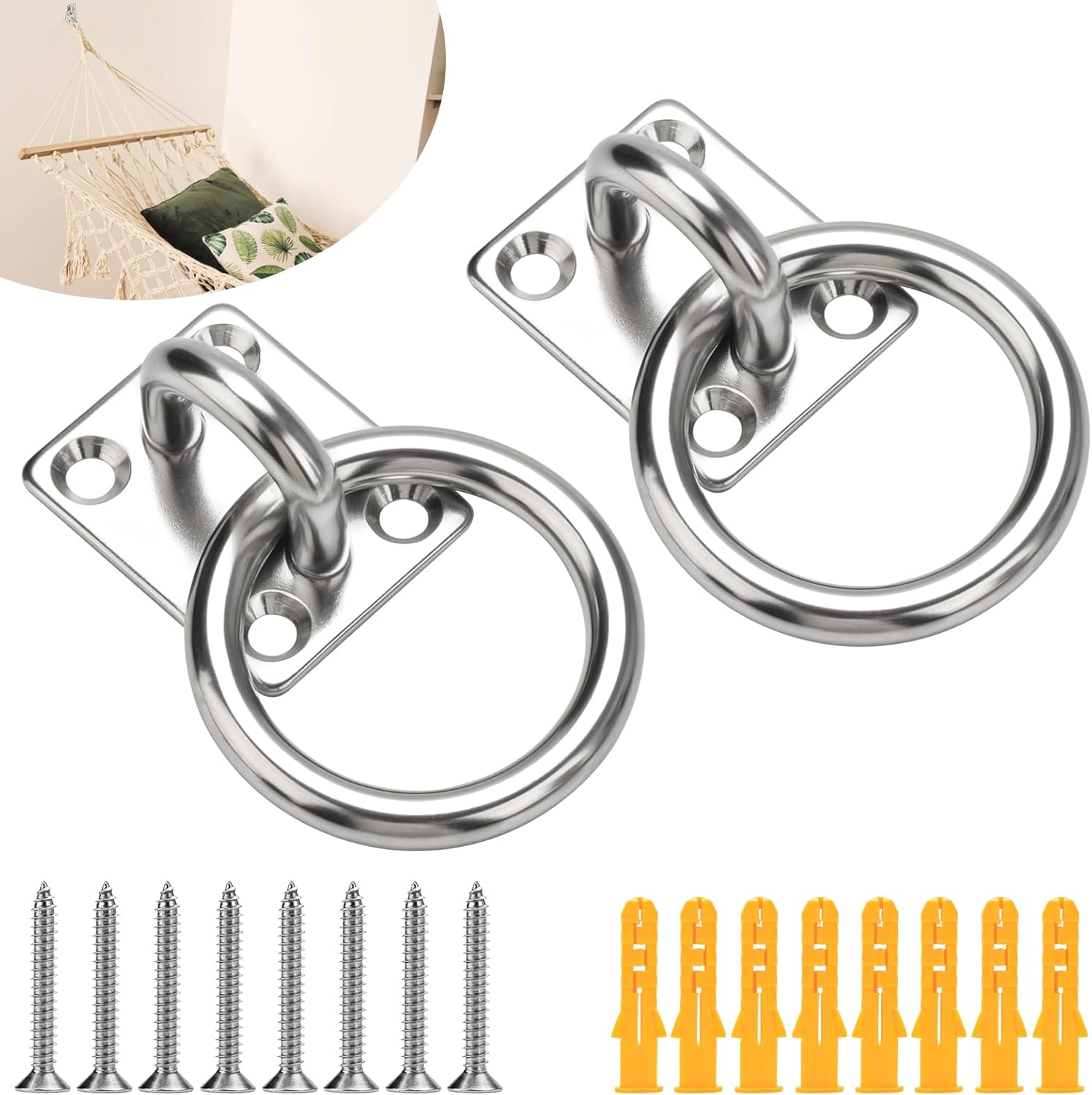 AccEncy 2Pcs M8 Stainless Steel Extra Large Heavy Duty Ring and Square Wall Mount Ceiling Indoor/Outdoor Hooks V1258-DP02-B-1326