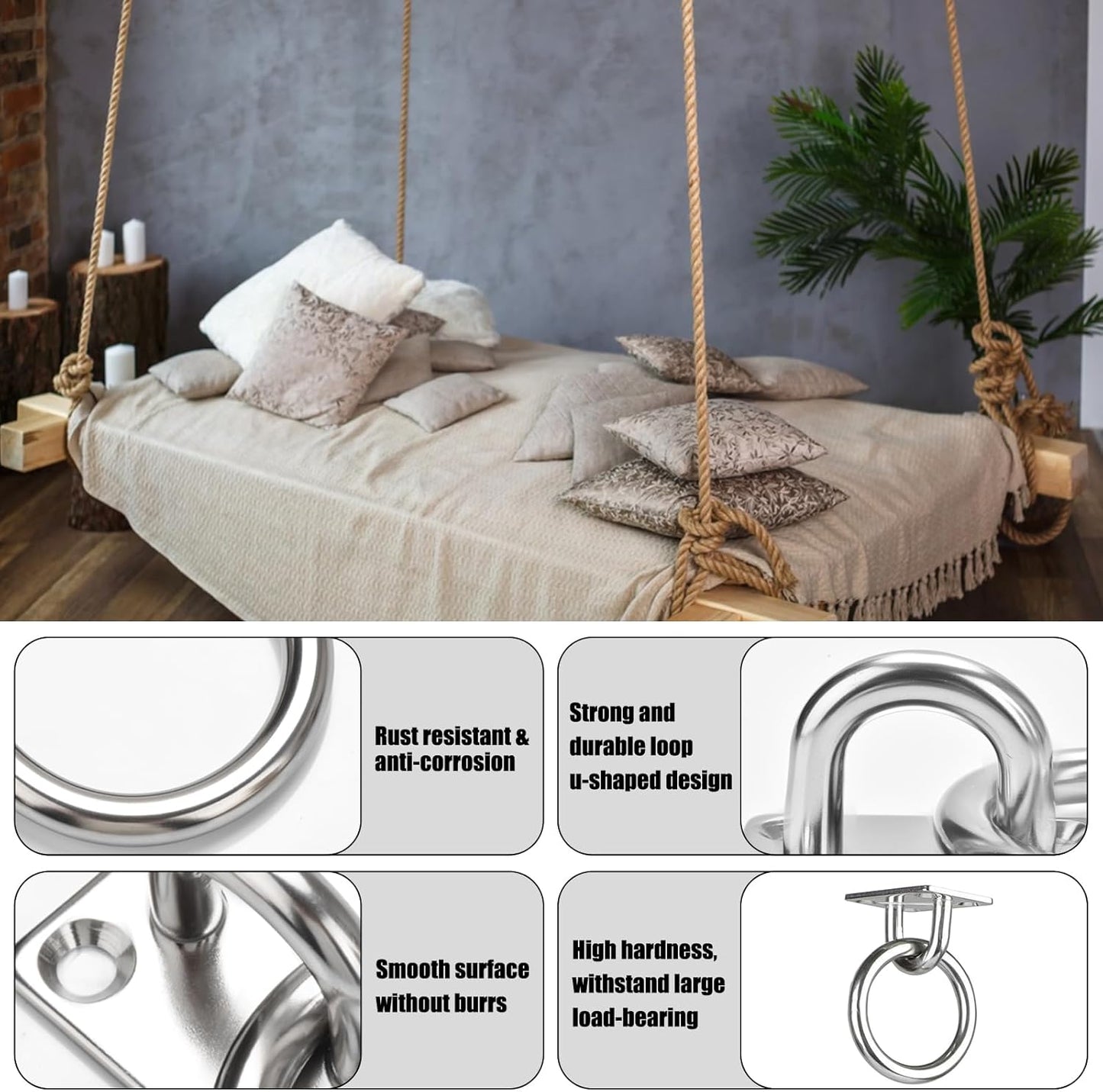AccEncy 2Pcs M8 Stainless Steel Extra Large Heavy Duty Ring and Square Wall Mount Ceiling Indoor/Outdoor Hooks V1258-DP02-B-1326