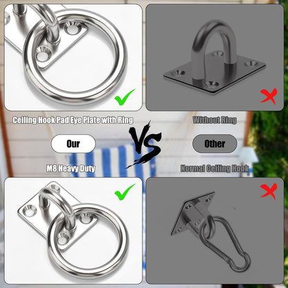 AccEncy 2Pcs M8 Stainless Steel Extra Large Heavy Duty Ring and Square Wall Mount Ceiling Indoor/Outdoor Hooks V1258-DP02-B-1326