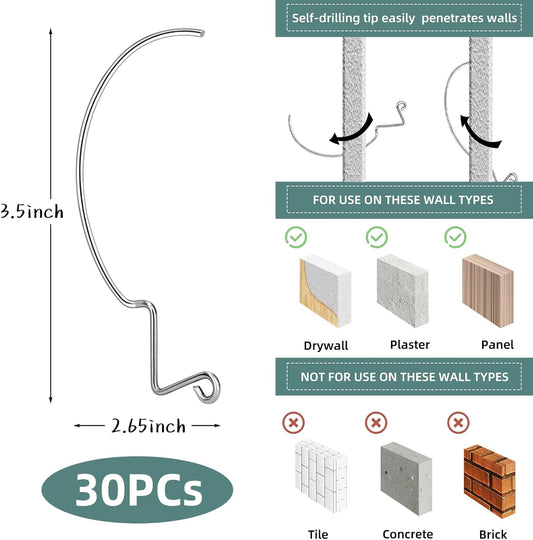 30Pcs Picture Hanger Hooks Super Hooks for Hanging Drywall Picture Hanging Hooks Heavy Duty Wall Hooks for V1258-DP02-B-1327